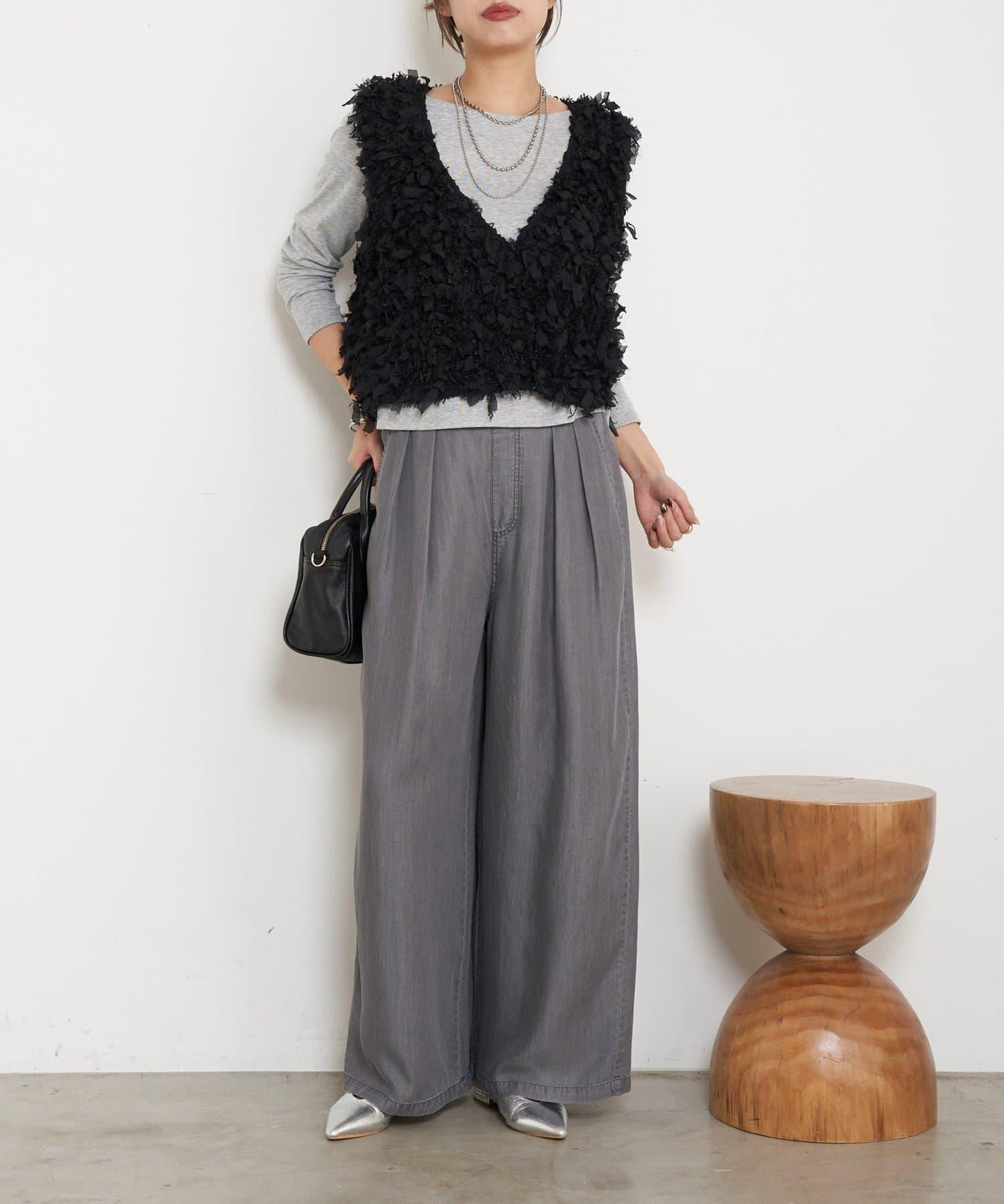 天絲褶皺寬腿褲