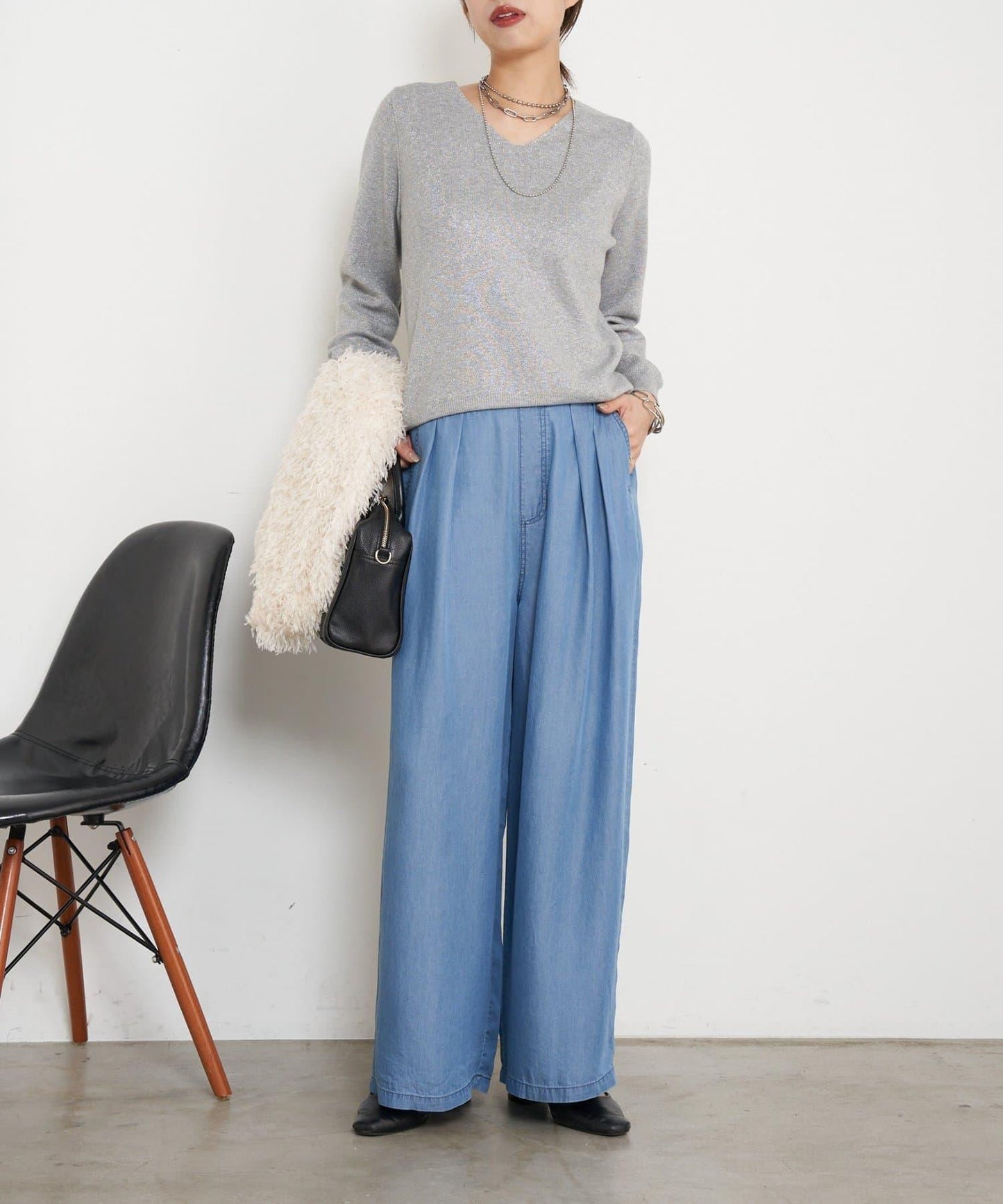 天絲褶皺寬腿褲