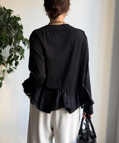 下襬異材質拼接荷葉邊T恤