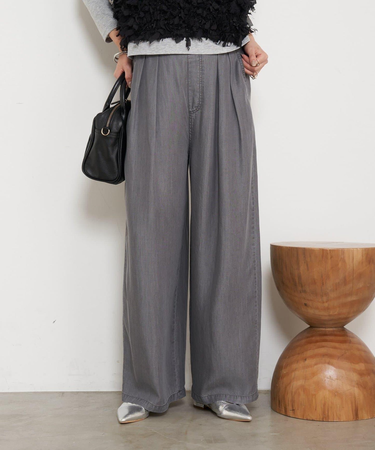 天絲褶皺寬腿褲