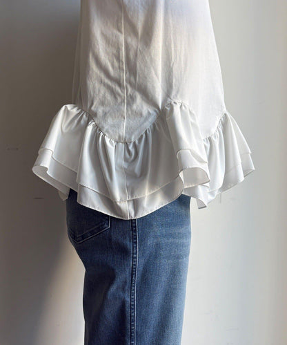 下襬異材質拼接荷葉邊T恤