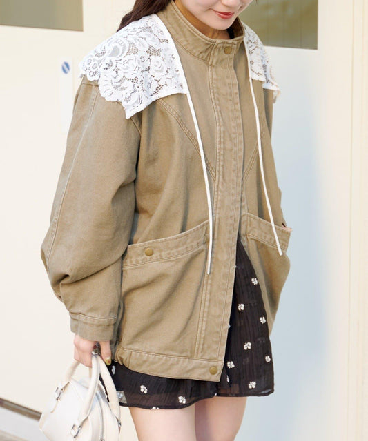 彩色斜紋蕾絲拼接夾克