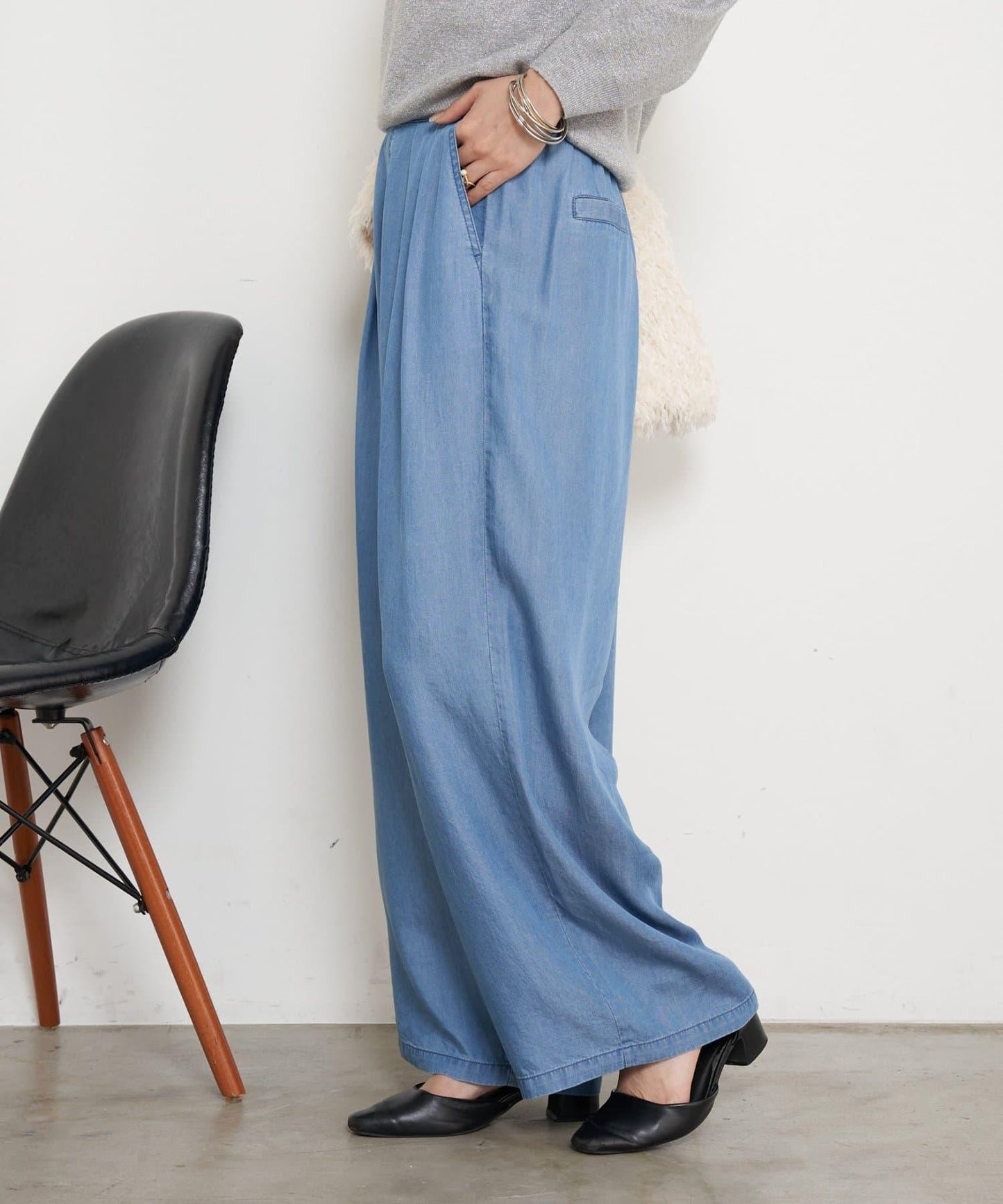 天絲褶皺寬腿褲