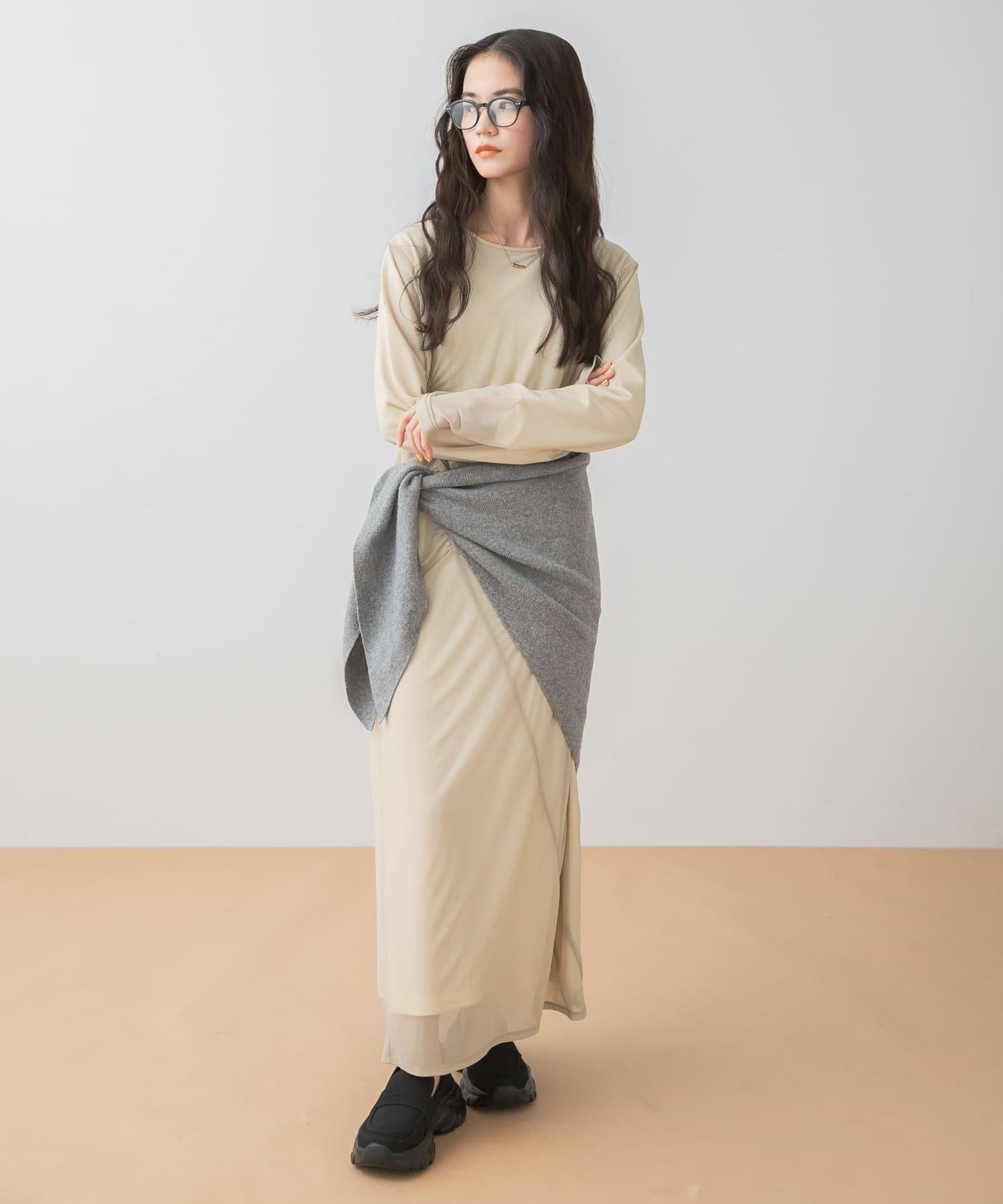 透視層疊褶皺連衣裙