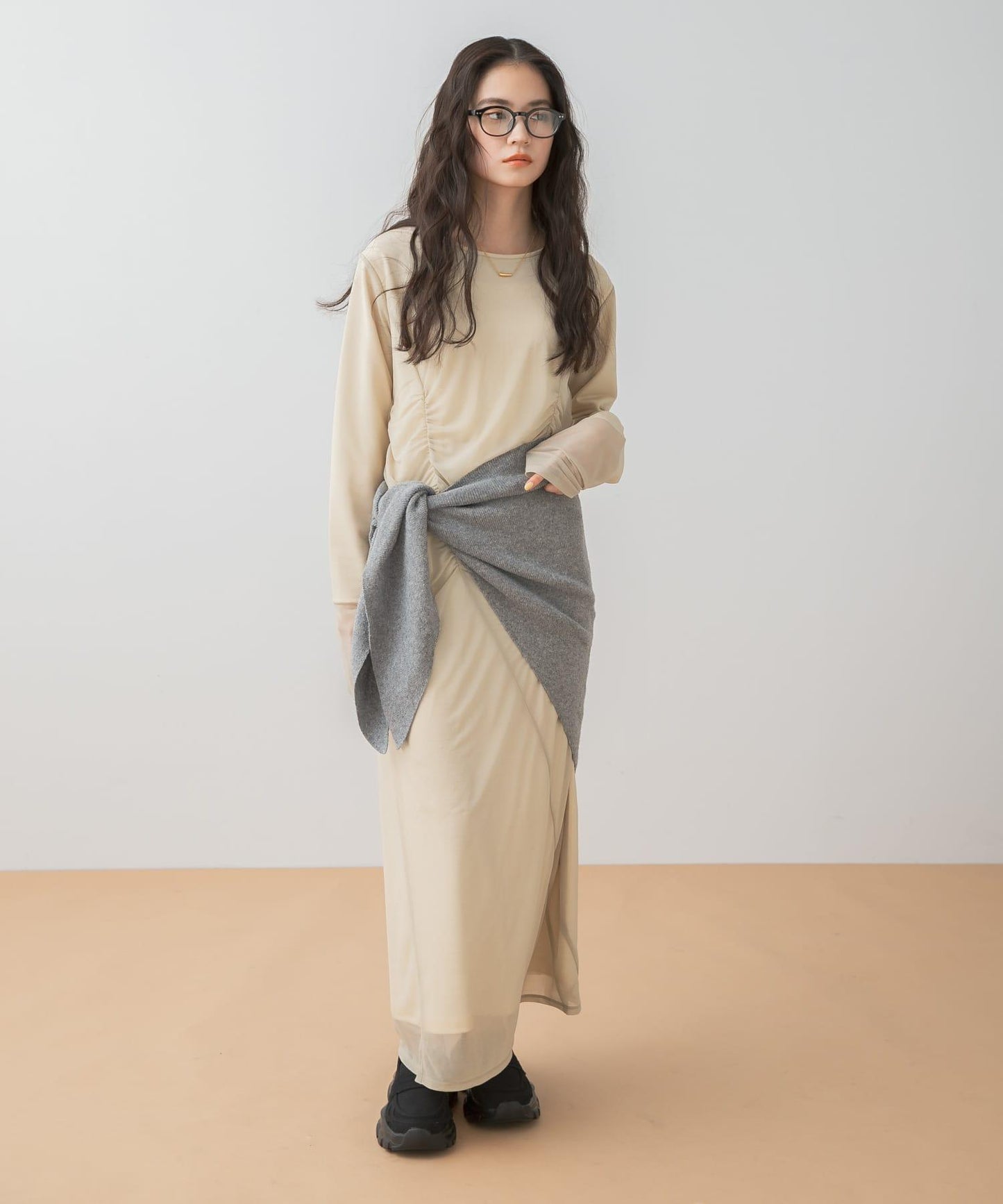 透視層疊褶皺連衣裙