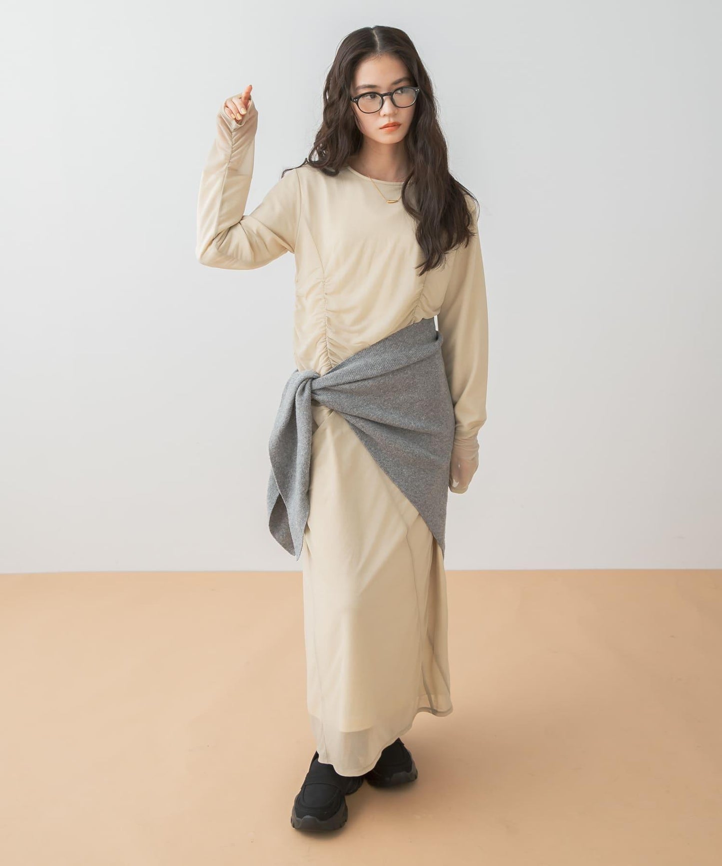 透視層疊褶皺連衣裙