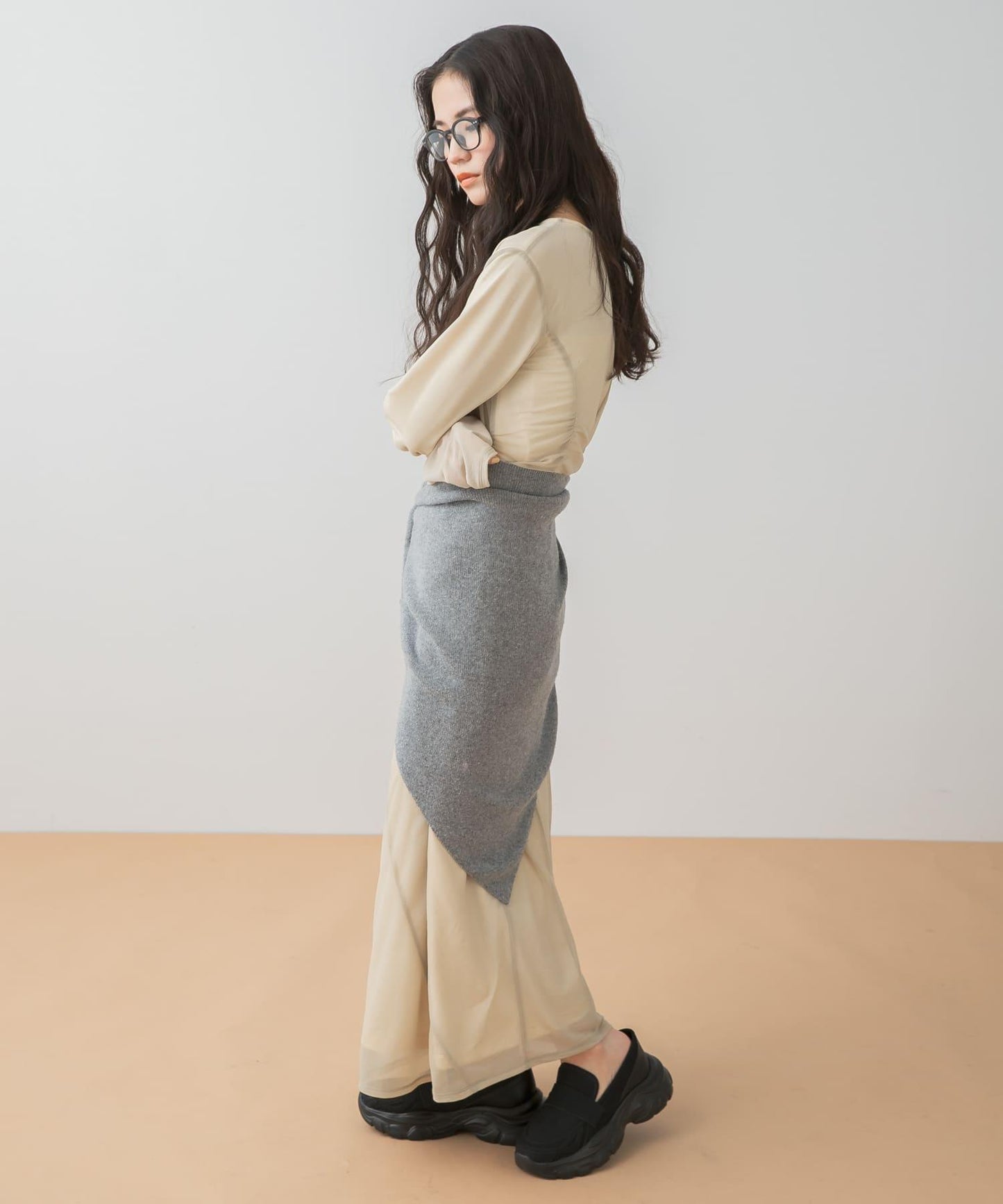 透視層疊褶皺連衣裙