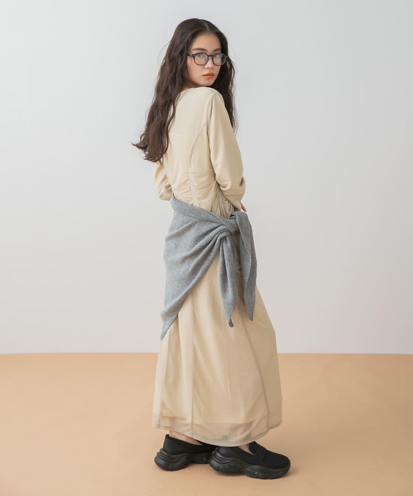 透視層疊褶皺連衣裙