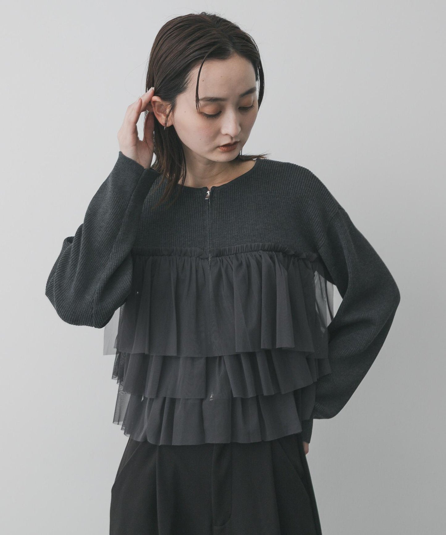 雙拉鍊荷葉邊針織開衫