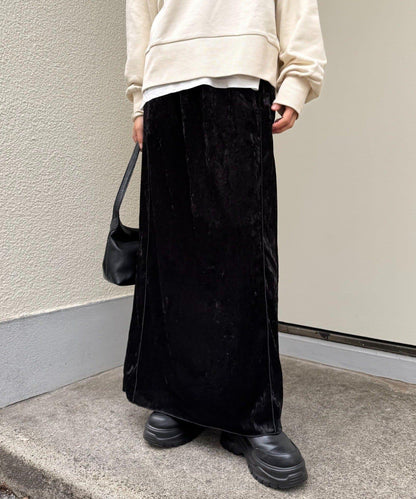 撞色天鵝絨荷葉邊拼接半身裙