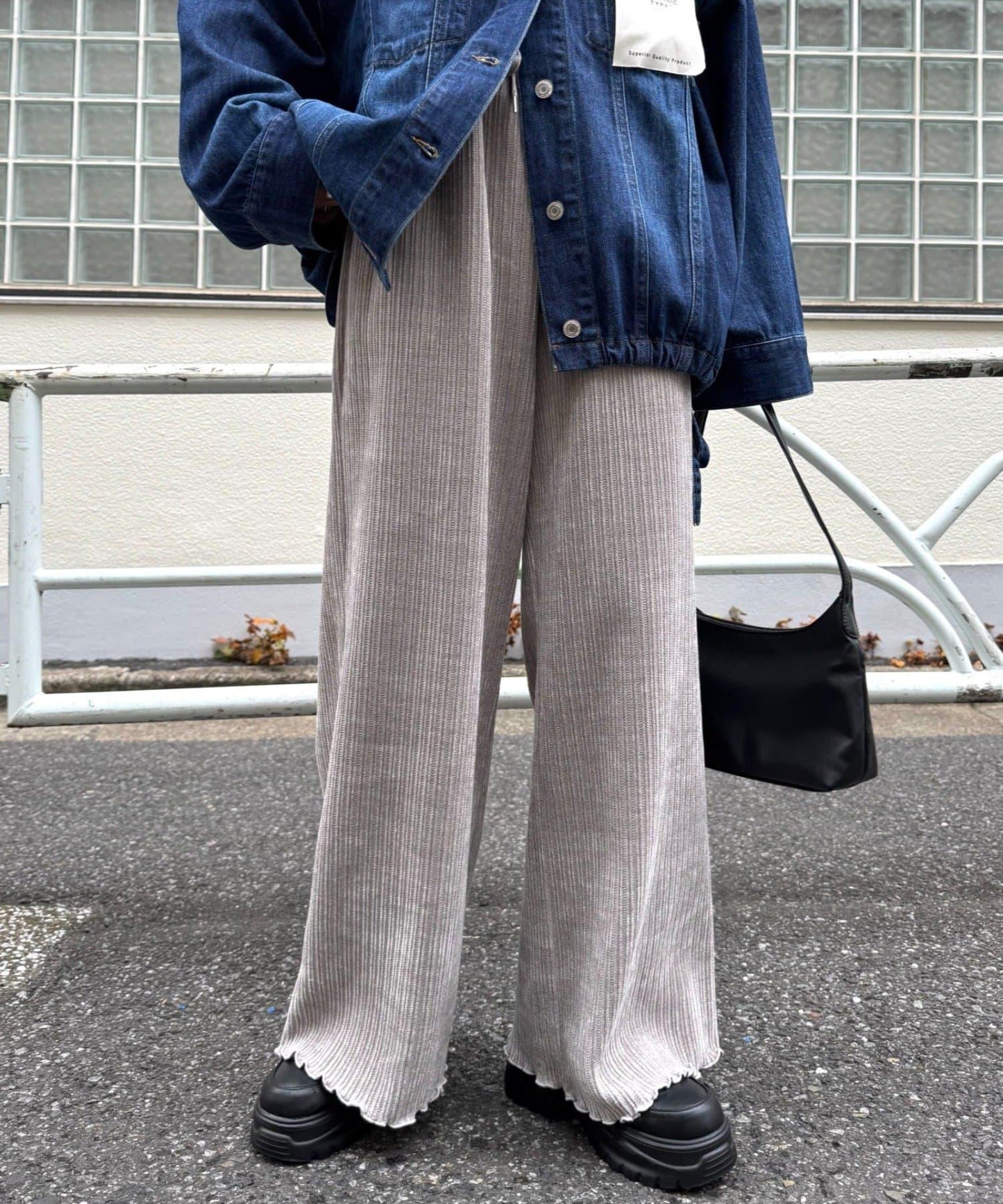 天鵝絨羅紋拼接圖案寬鬆休閒褲