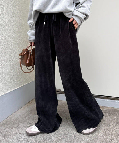 天鵝絨羅紋拼接圖案寬鬆休閒褲