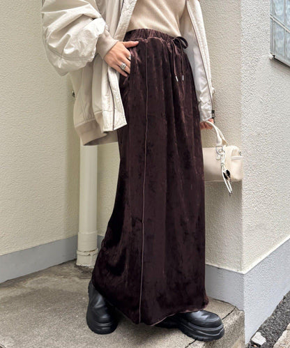 撞色天鵝絨荷葉邊拼接半身裙