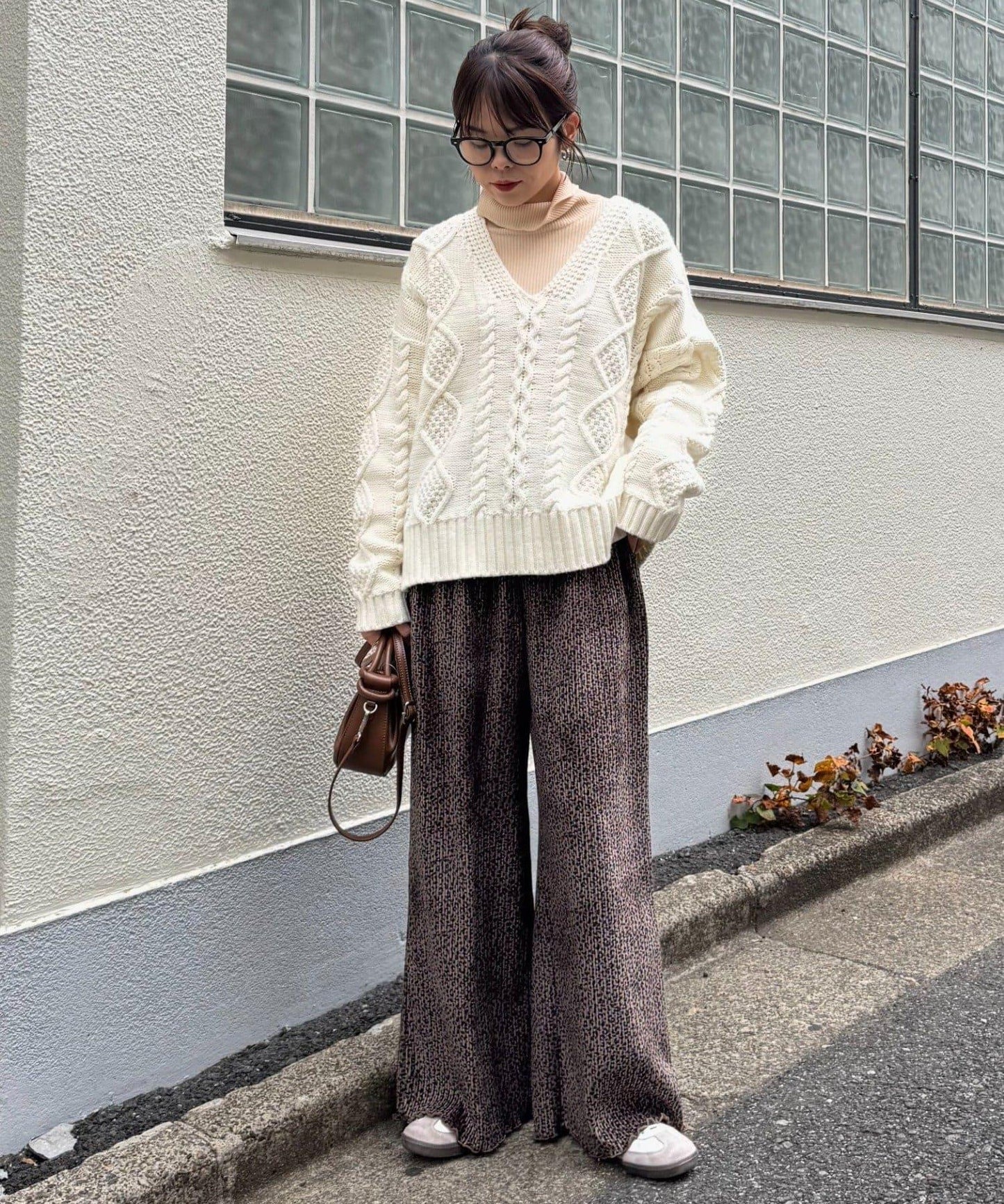 天鵝絨羅紋拼接圖案寬鬆休閒褲