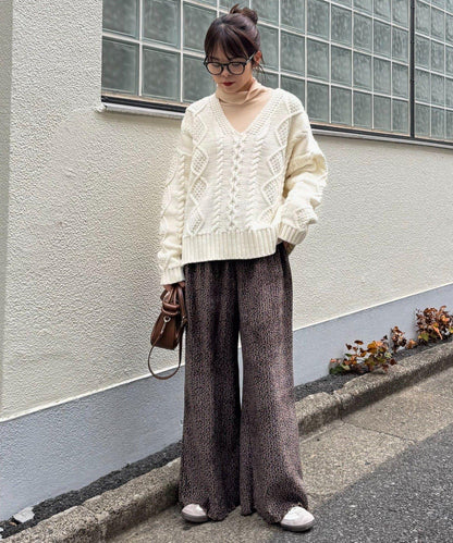 天鵝絨羅紋拼接圖案寬鬆休閒褲