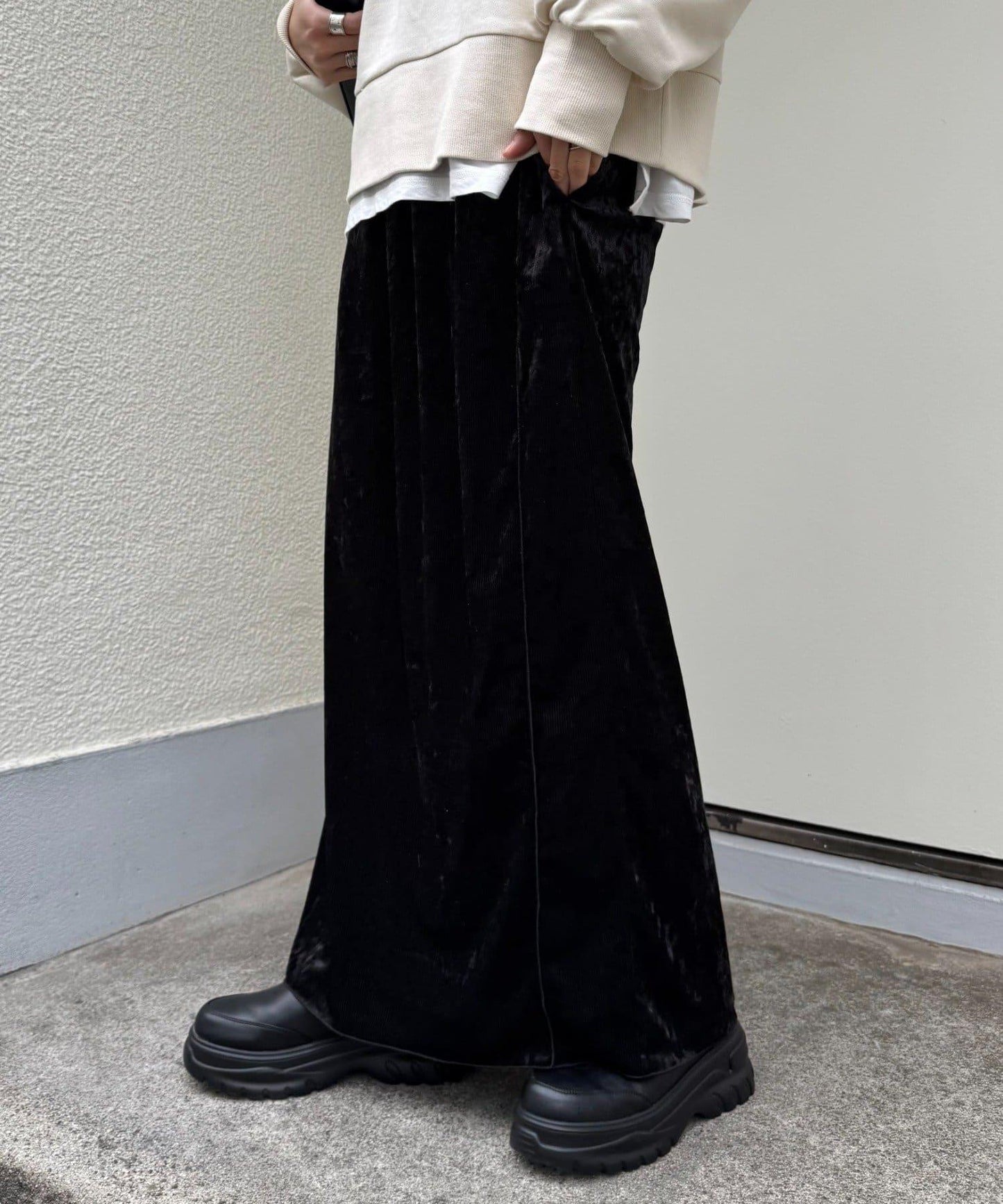 撞色天鵝絨荷葉邊拼接半身裙