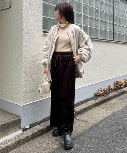 撞色天鵝絨荷葉邊拼接半身裙