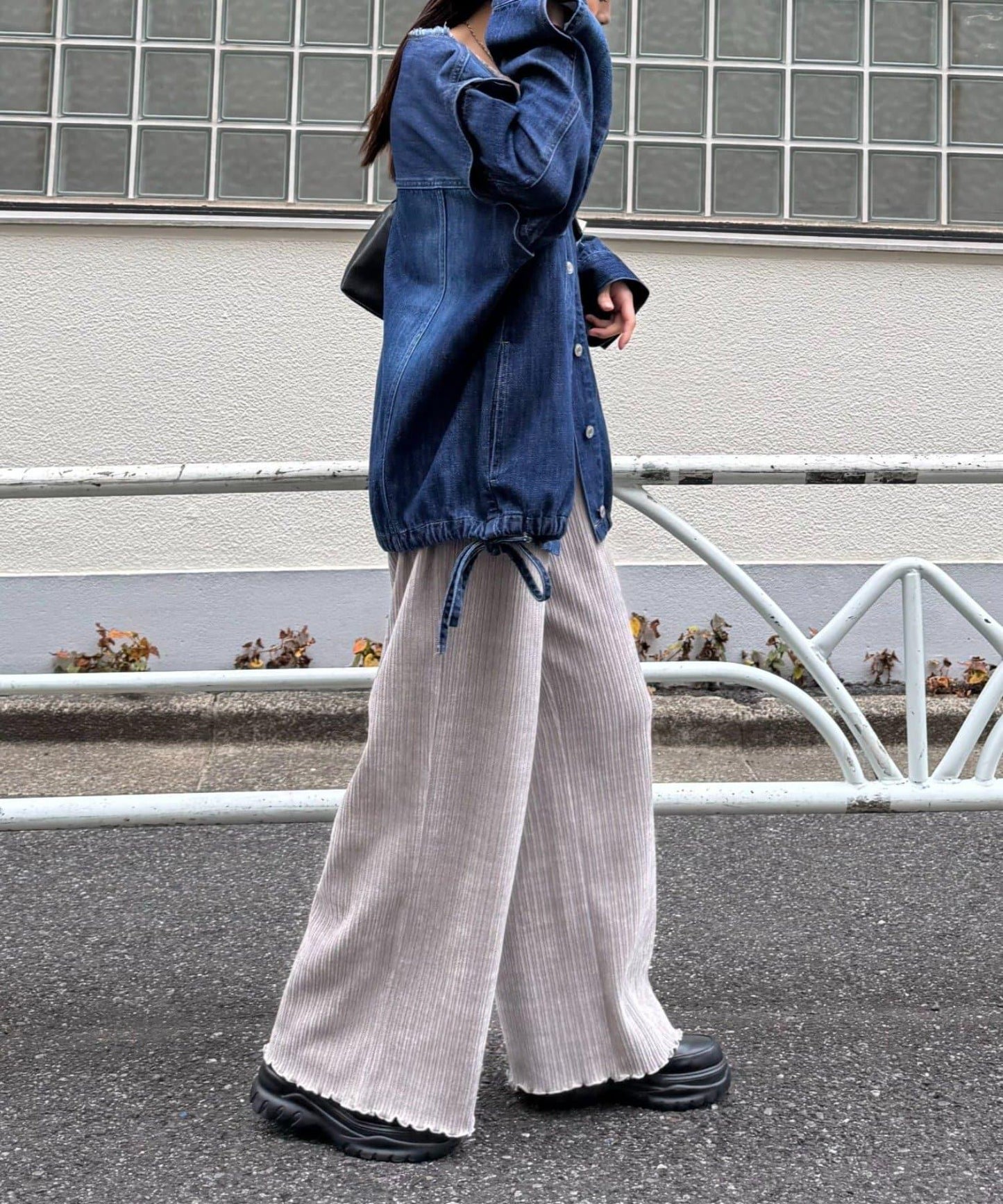 天鵝絨羅紋拼接圖案寬鬆休閒褲