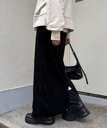 撞色天鵝絨荷葉邊拼接半身裙