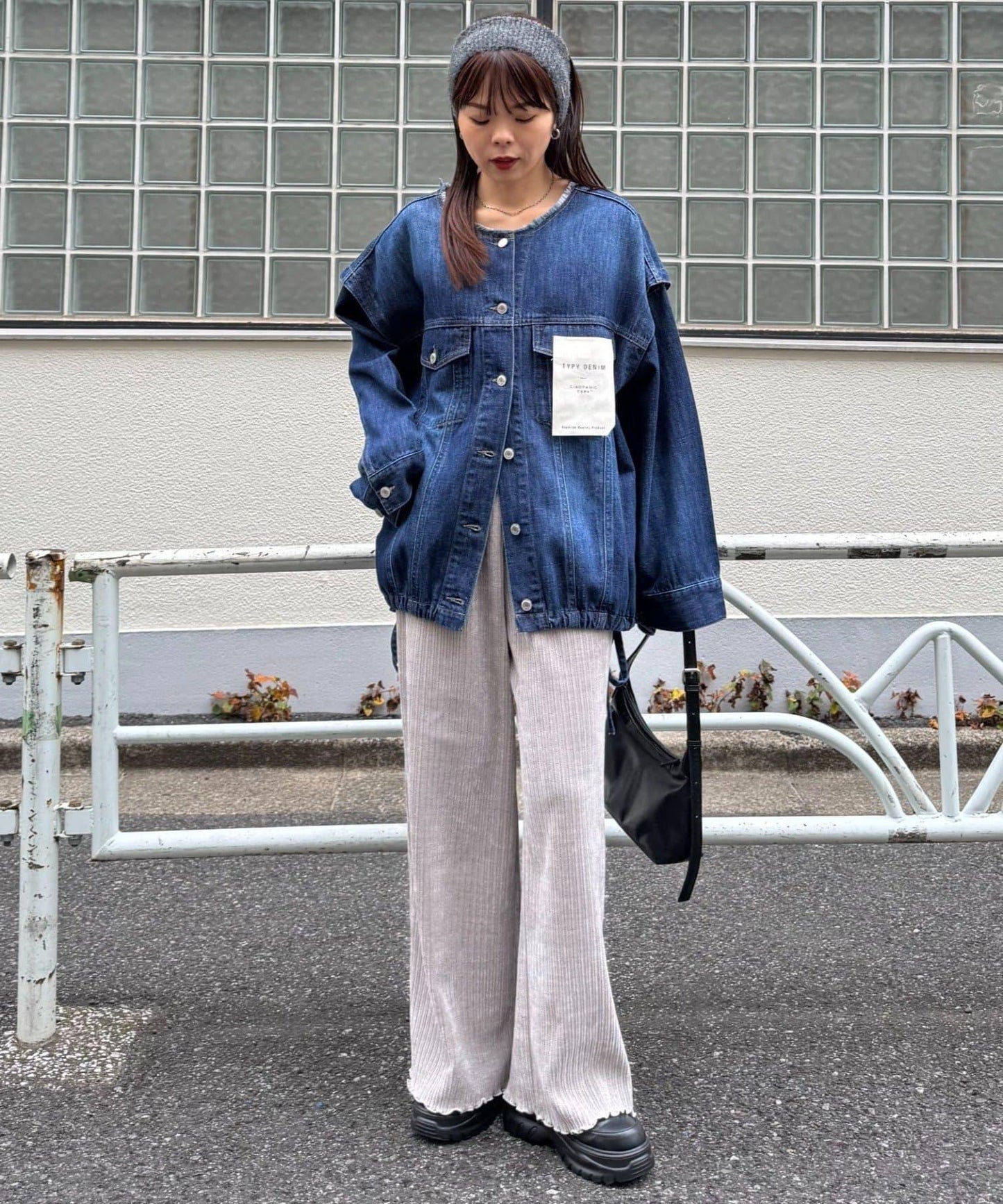 天鵝絨羅紋拼接圖案寬鬆休閒褲