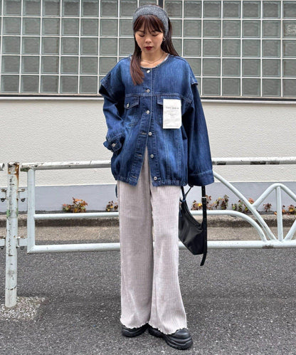 天鵝絨羅紋拼接圖案寬鬆休閒褲