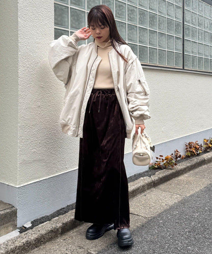 撞色天鵝絨荷葉邊拼接半身裙