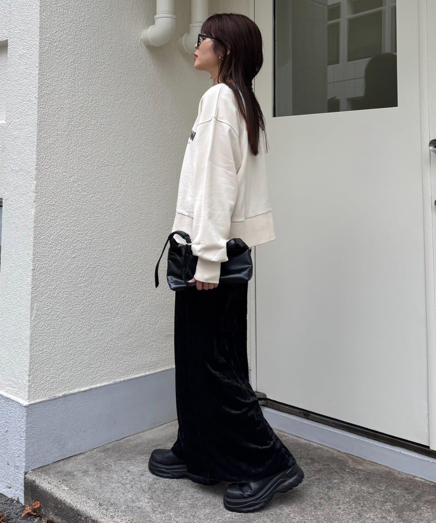 撞色天鵝絨荷葉邊拼接半身裙