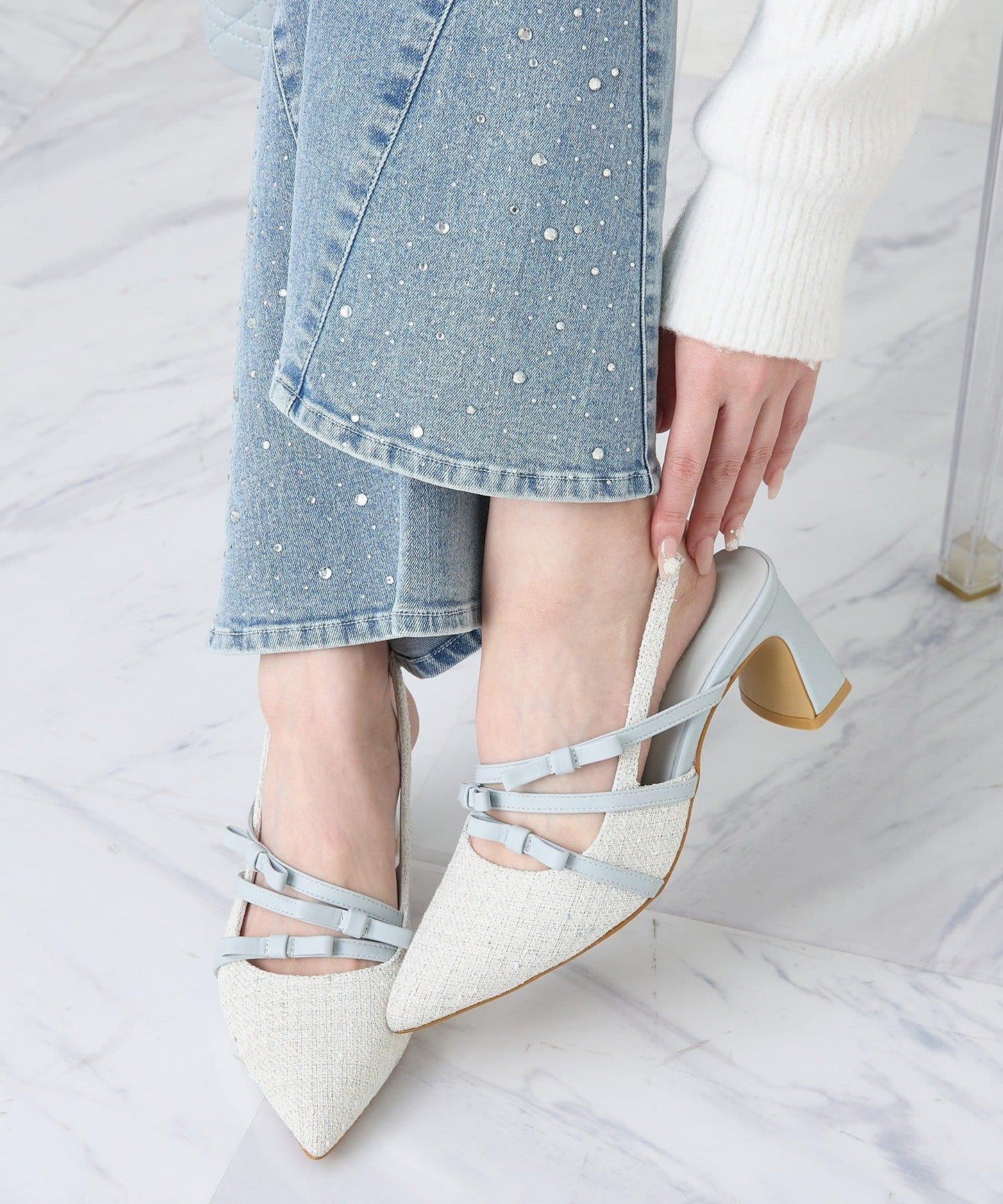 蝴蝶結穆勒鞋/淺藍色花呢