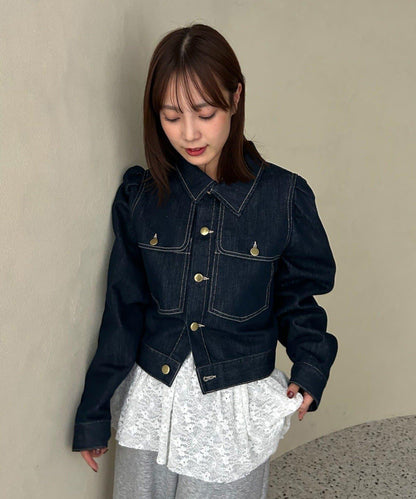 金色紐扣牛仔泡泡袖夾克