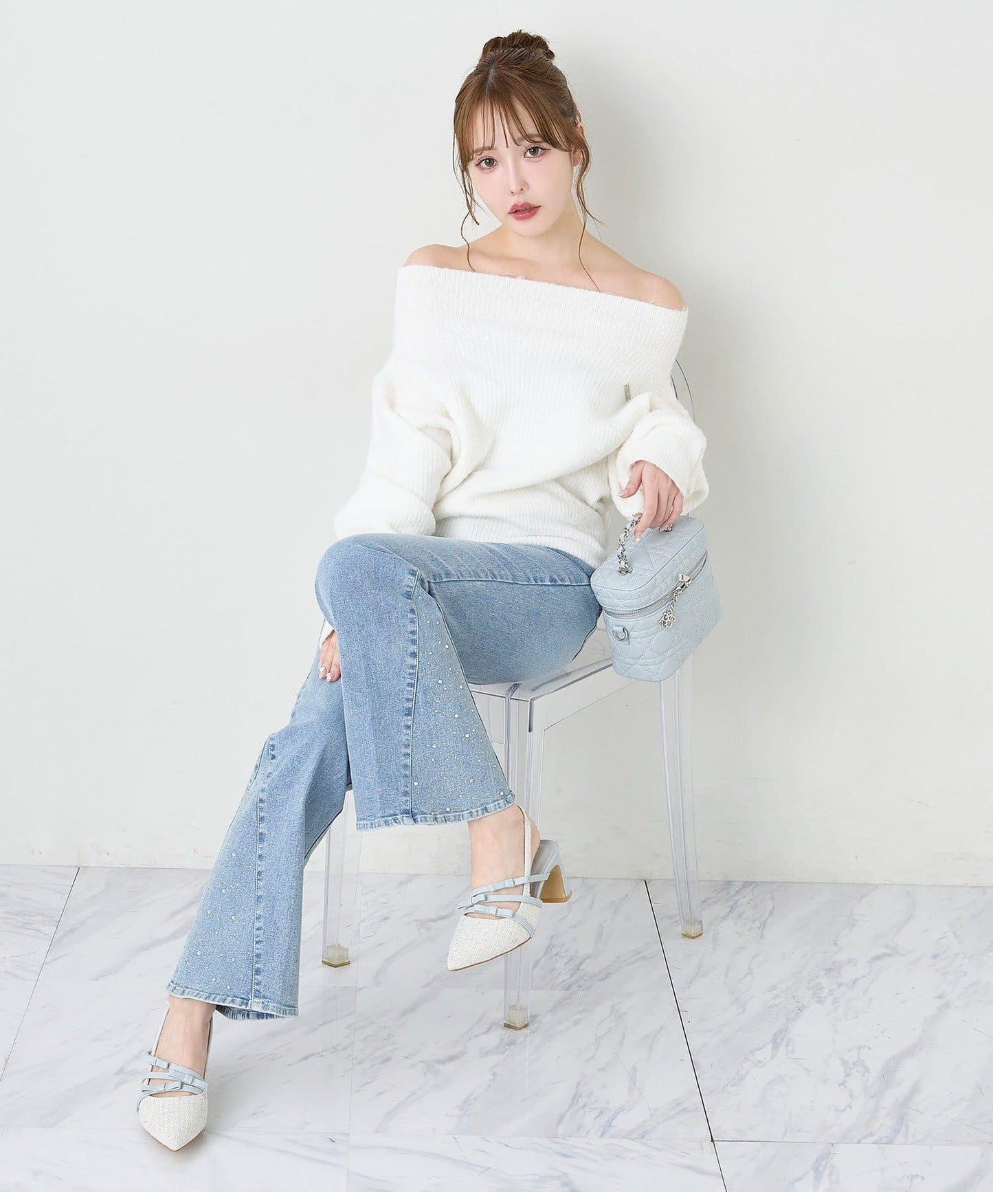 蝴蝶結穆勒鞋/淺藍色花呢