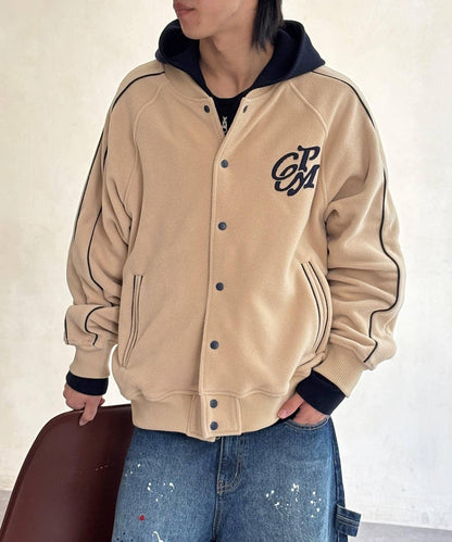 背面花卉圖案羊羔絨棒球夾克