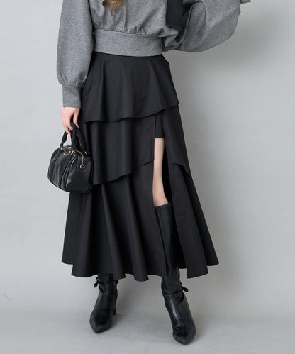 後背繫帶開衩層疊半身裙