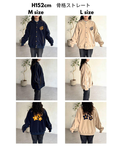 背面花卉圖案羊羔絨棒球夾克