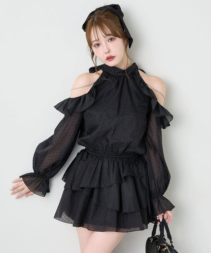 肩部珠飾無袖背心長款上衣