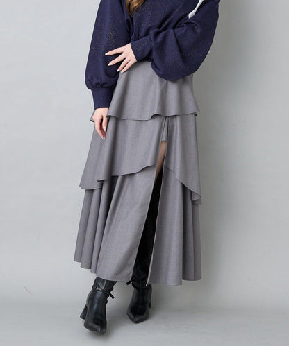 後背繫帶開衩層疊半身裙