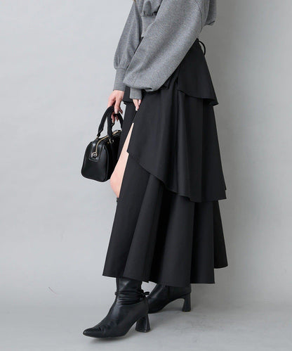 後背繫帶開衩層疊半身裙