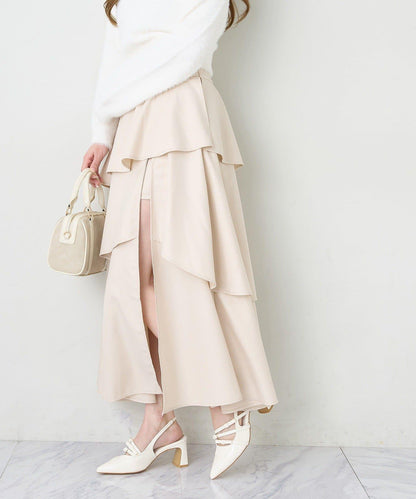 後背繫帶開衩層疊半身裙