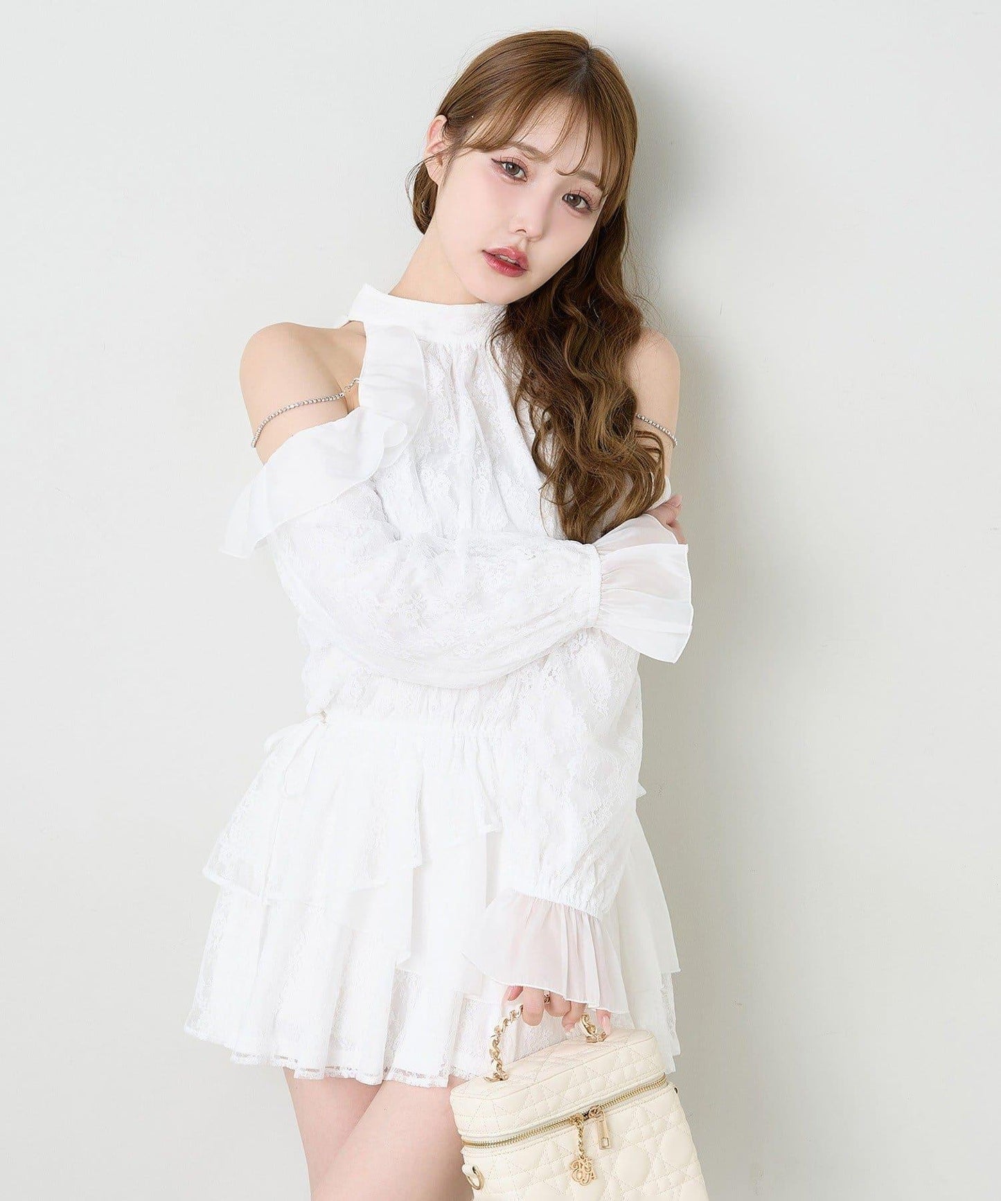 肩部珠飾無袖背心長款上衣