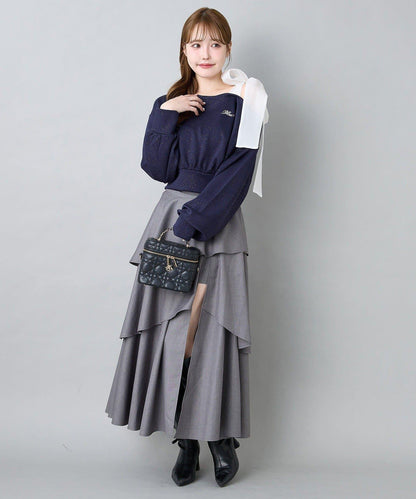 後背繫帶開衩層疊半身裙