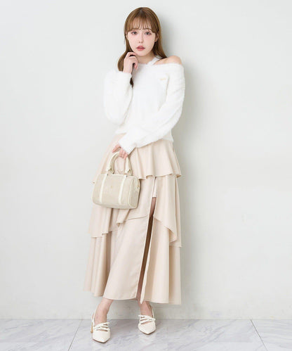 後背繫帶開衩層疊半身裙