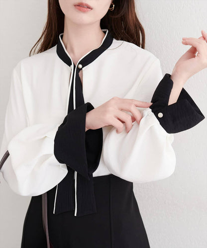 拼色蝴蝶結珍珠扣襯衫