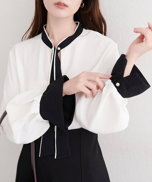 拼色蝴蝶結珍珠扣襯衫