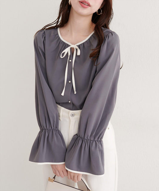 前繫帶拼色襯衫