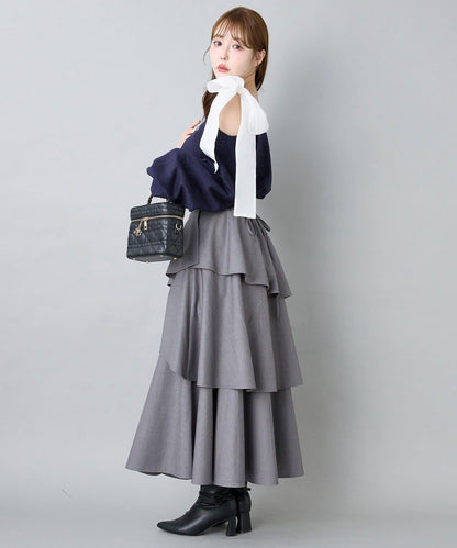 後背繫帶開衩層疊半身裙