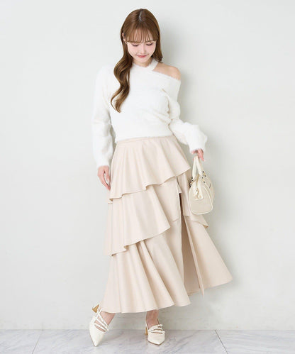 後背繫帶開衩層疊半身裙