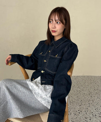 金色紐扣牛仔泡泡袖夾克