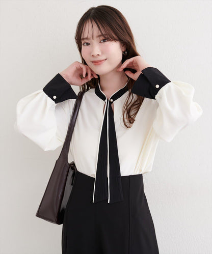 拼色蝴蝶結珍珠扣襯衫