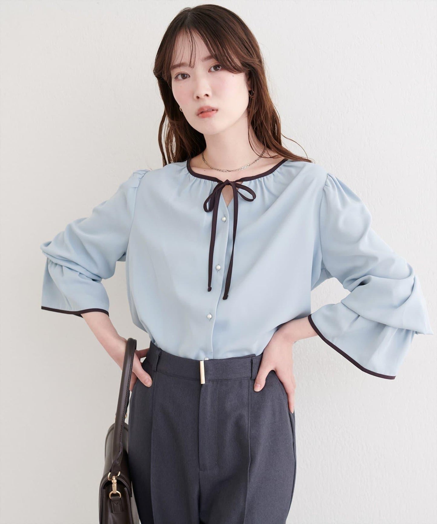 前繫帶拼色襯衫