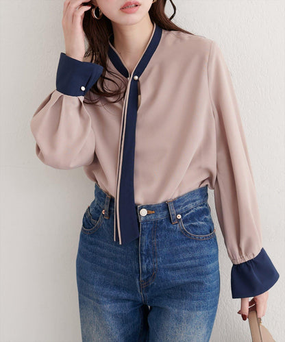 拼色蝴蝶結珍珠扣襯衫