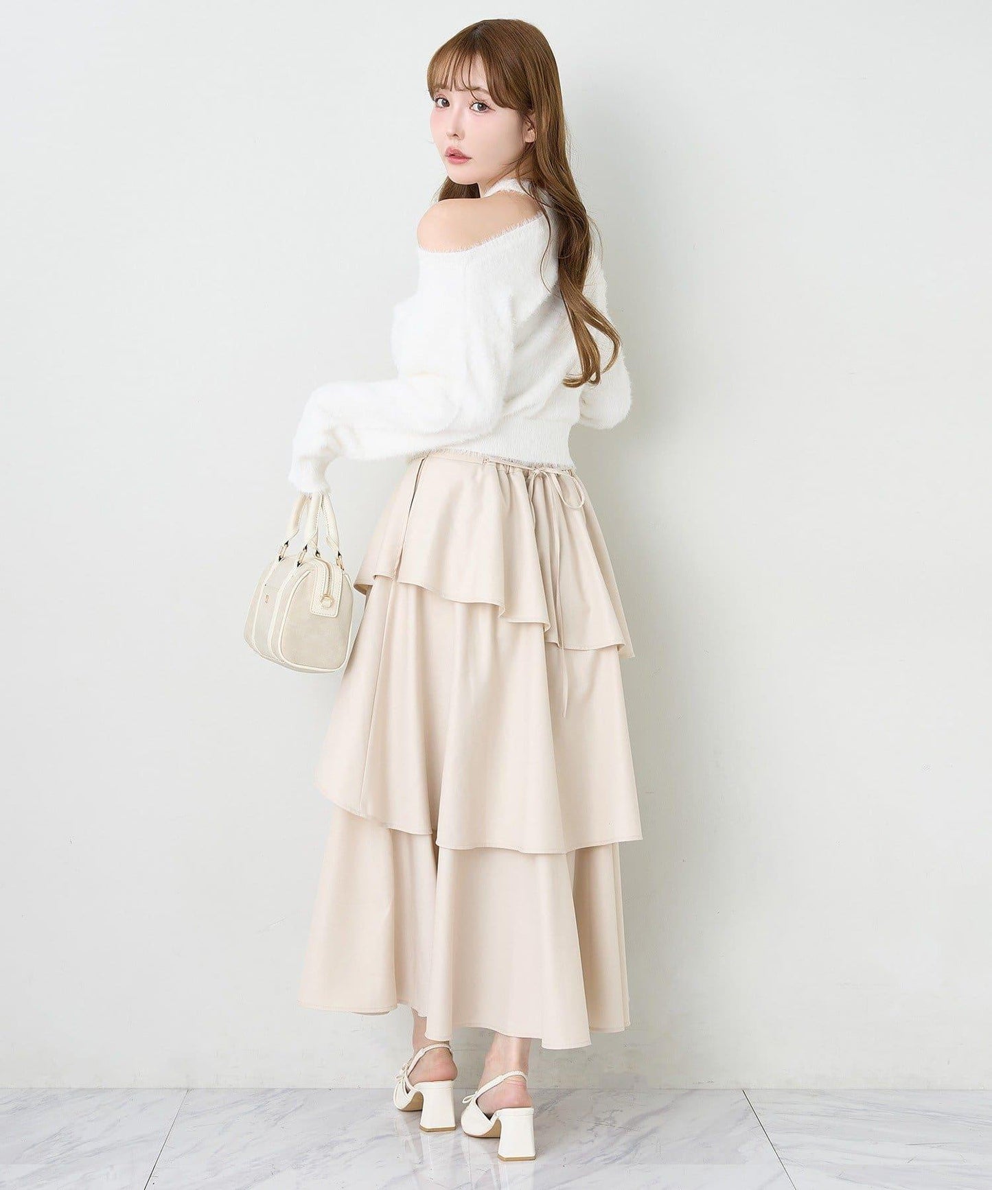 後背繫帶開衩層疊半身裙